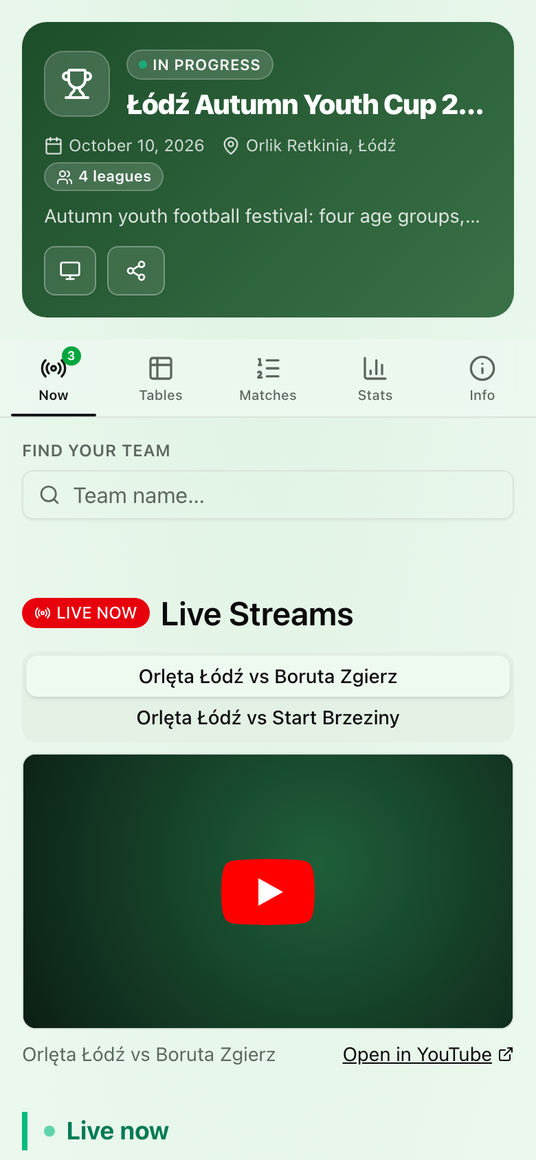 La scheda Adesso della pagina del festival su un telefono, con un blocco Dirette streaming e sotto le partite in diretta