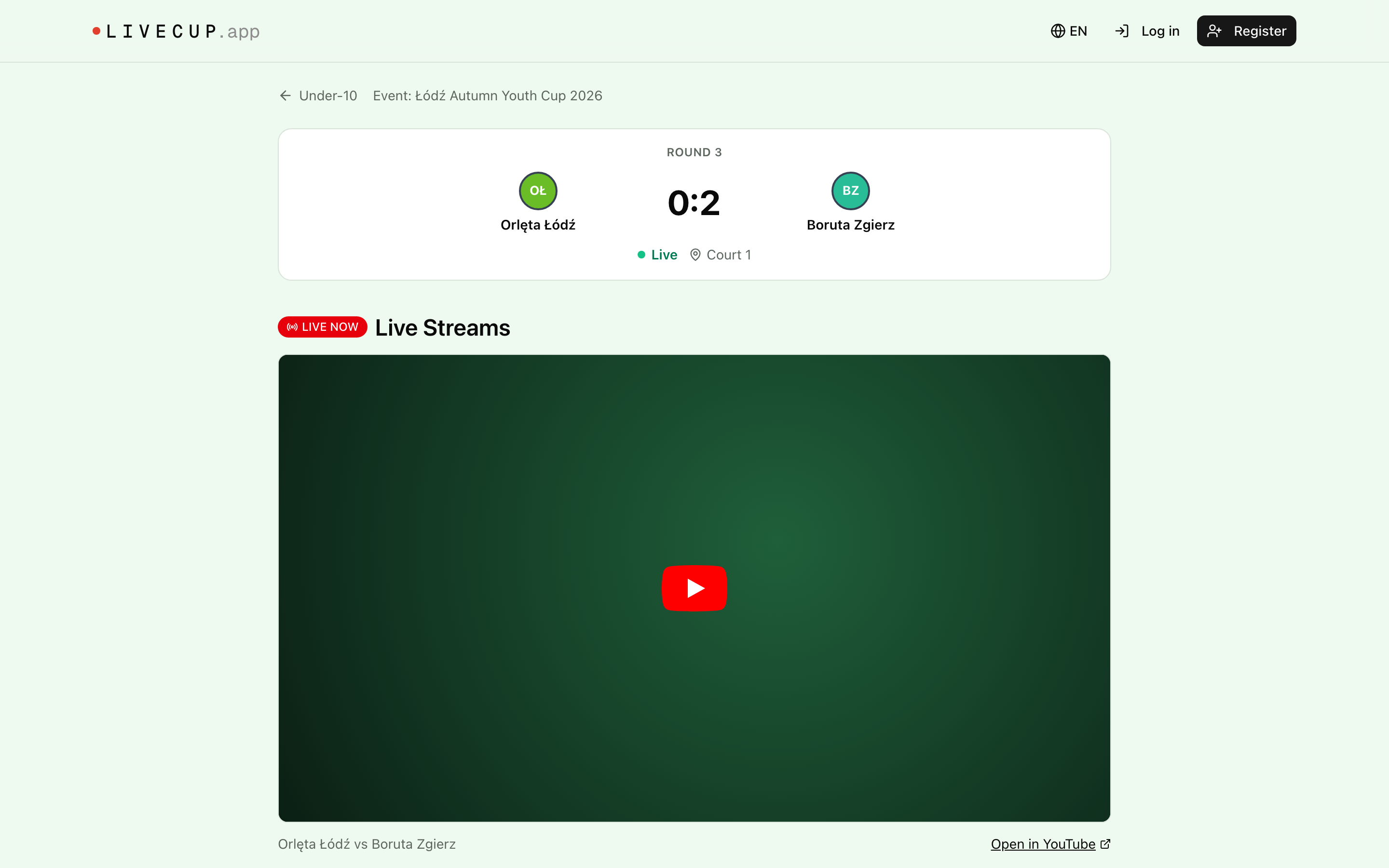 Pagina partita su desktop con il risultato, lo stato in diretta, il campo e il player dello streaming
