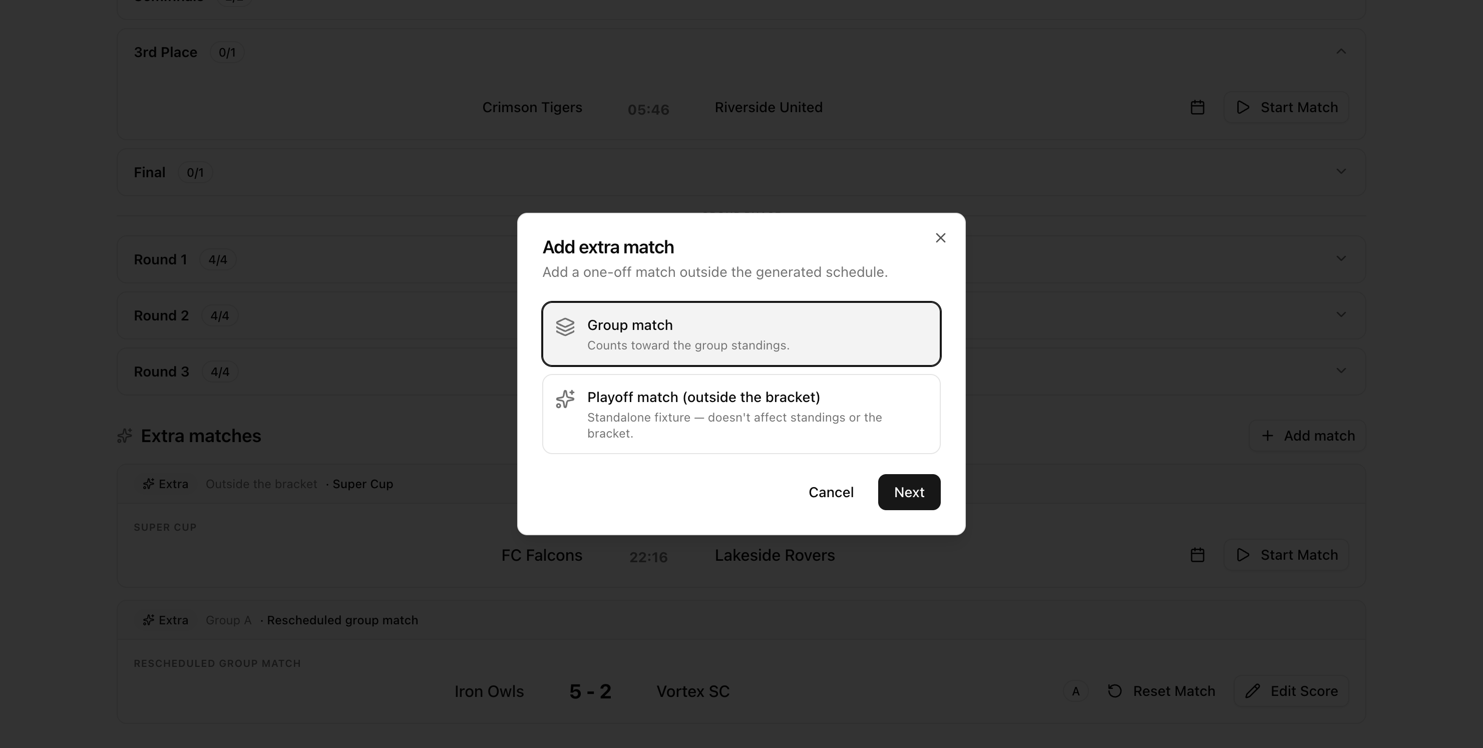 Add extra match dialog with Group match and Playoff outside-the-bracket options