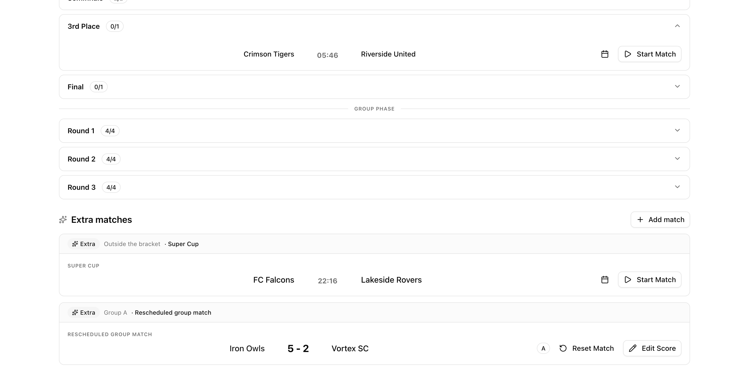 Extra matches section in the operator panel with a Super Cup and a rescheduled group game