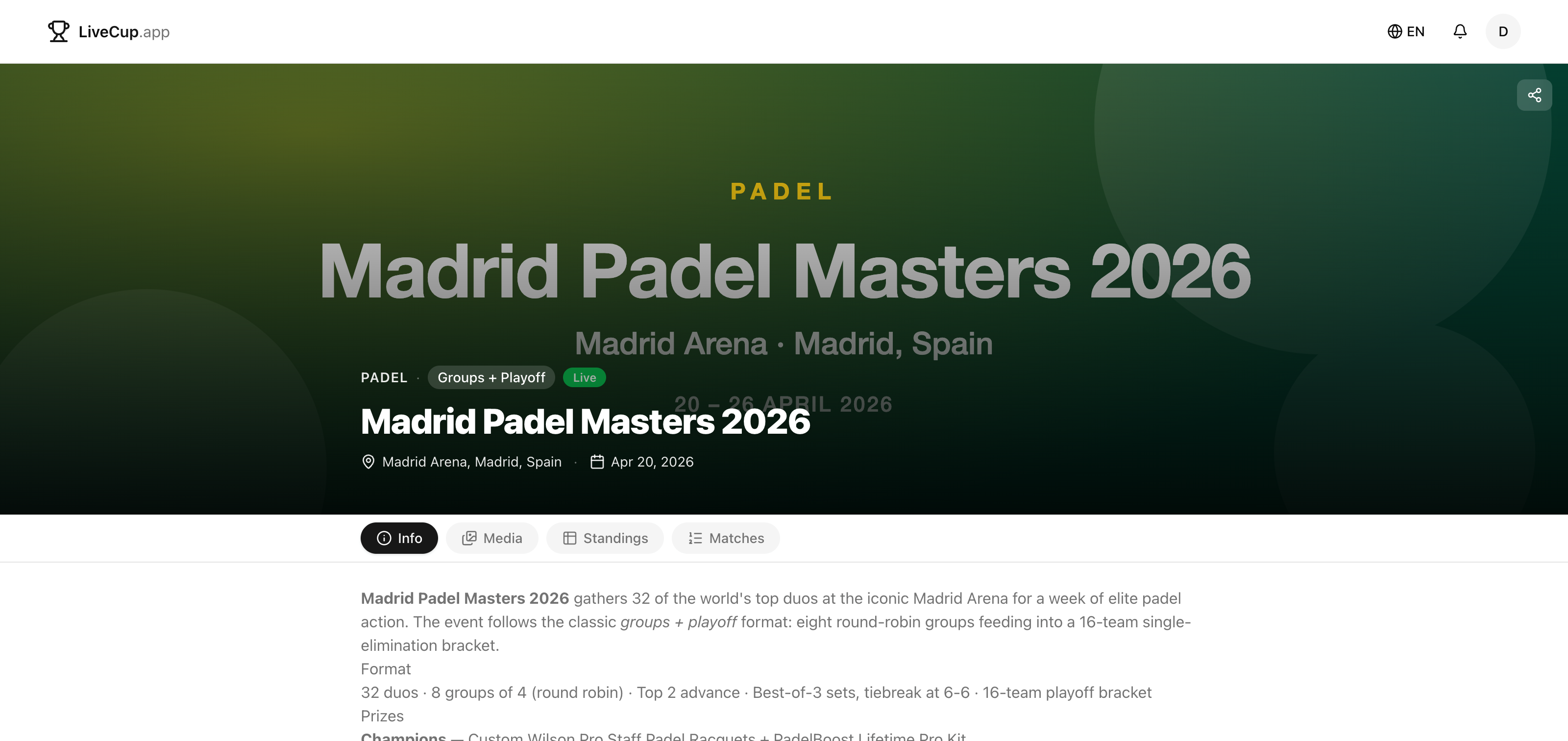 Public tournament landing page with hero banner, metadata, description, sponsors and live match badges