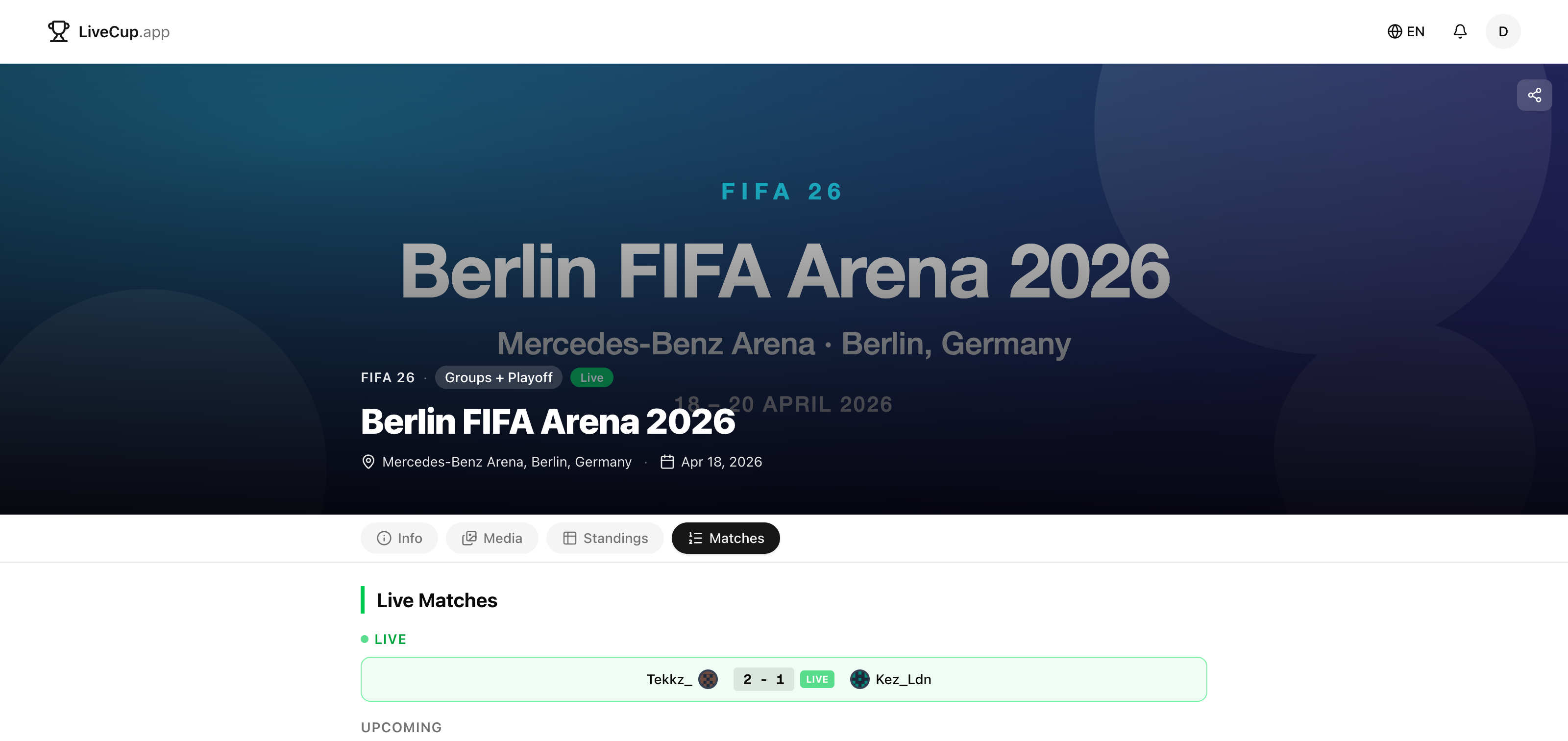FIFA 26 tournament matches tab with live score 2-1 and list of upcoming group-stage fixtures