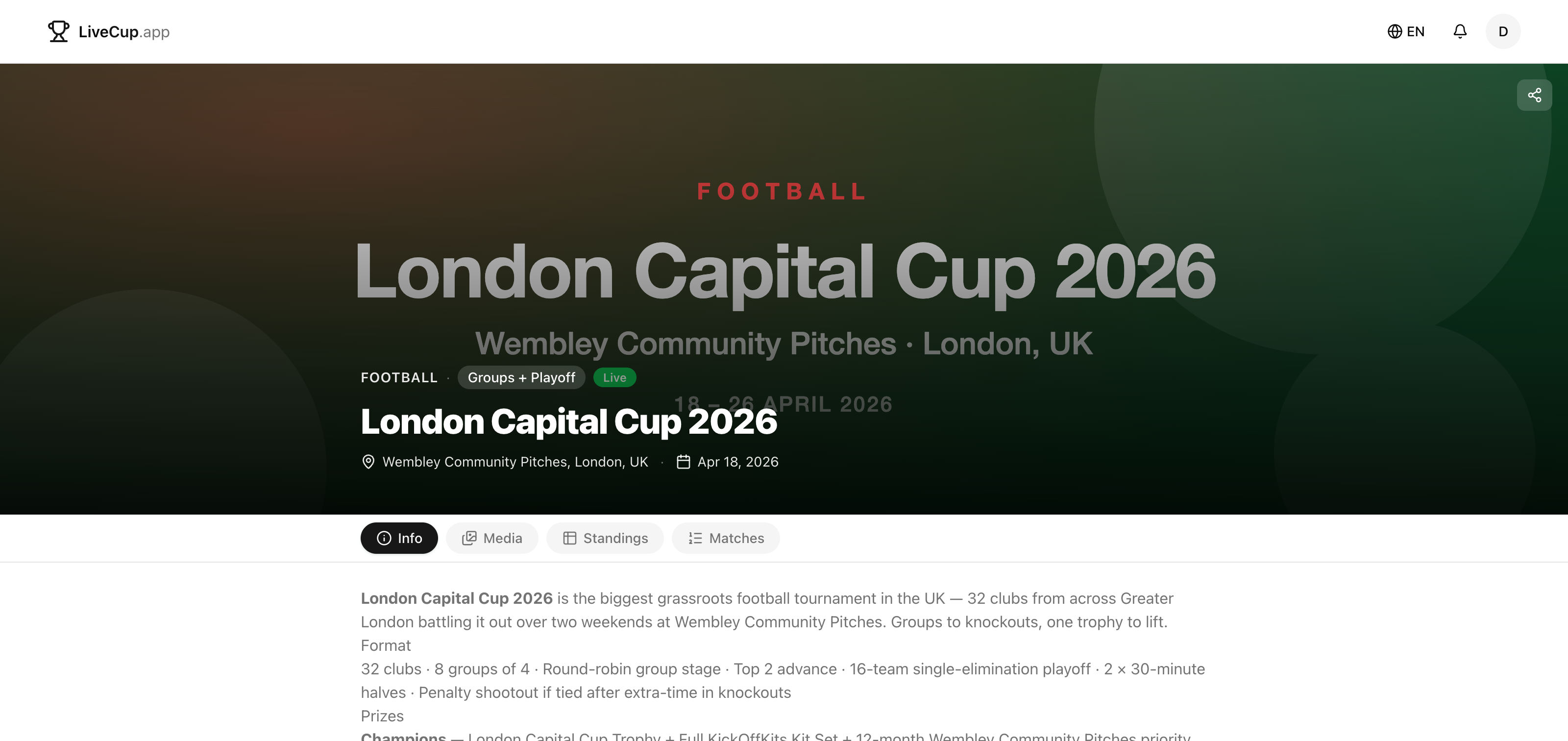 London Capital Cup 2026 info page with red accent hero banner, Wembley location and live tournament stats