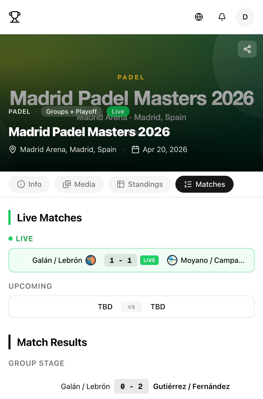 Mobile viewport of a tournament page with hero, tabs, description and stats stacked vertically