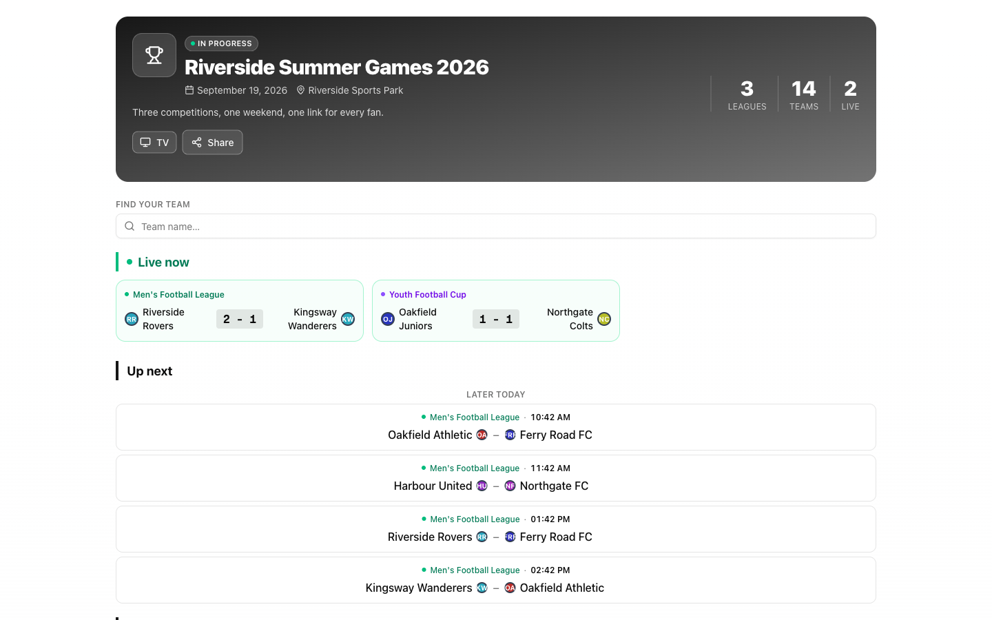 Public event page with the event hero, a live strip showing two matches from different leagues, and the Up next list