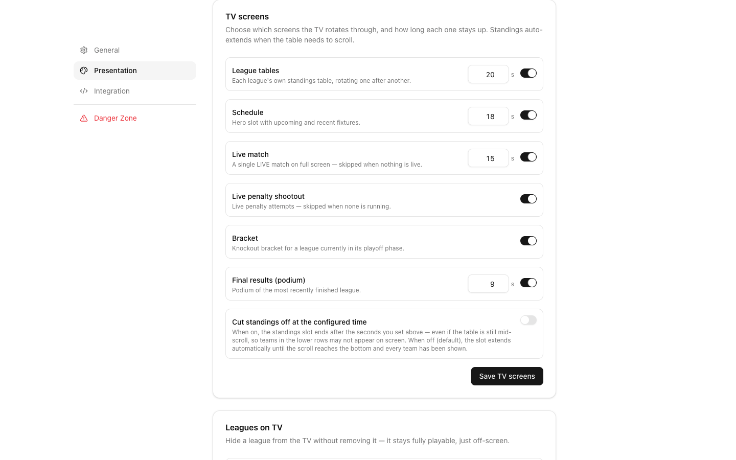 TV screens settings with a switch and a duration for each screen the display rotates through