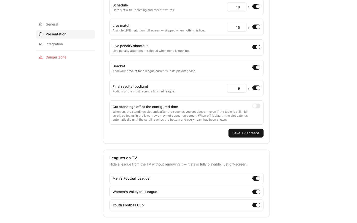 Leagues on TV settings with one switch per league