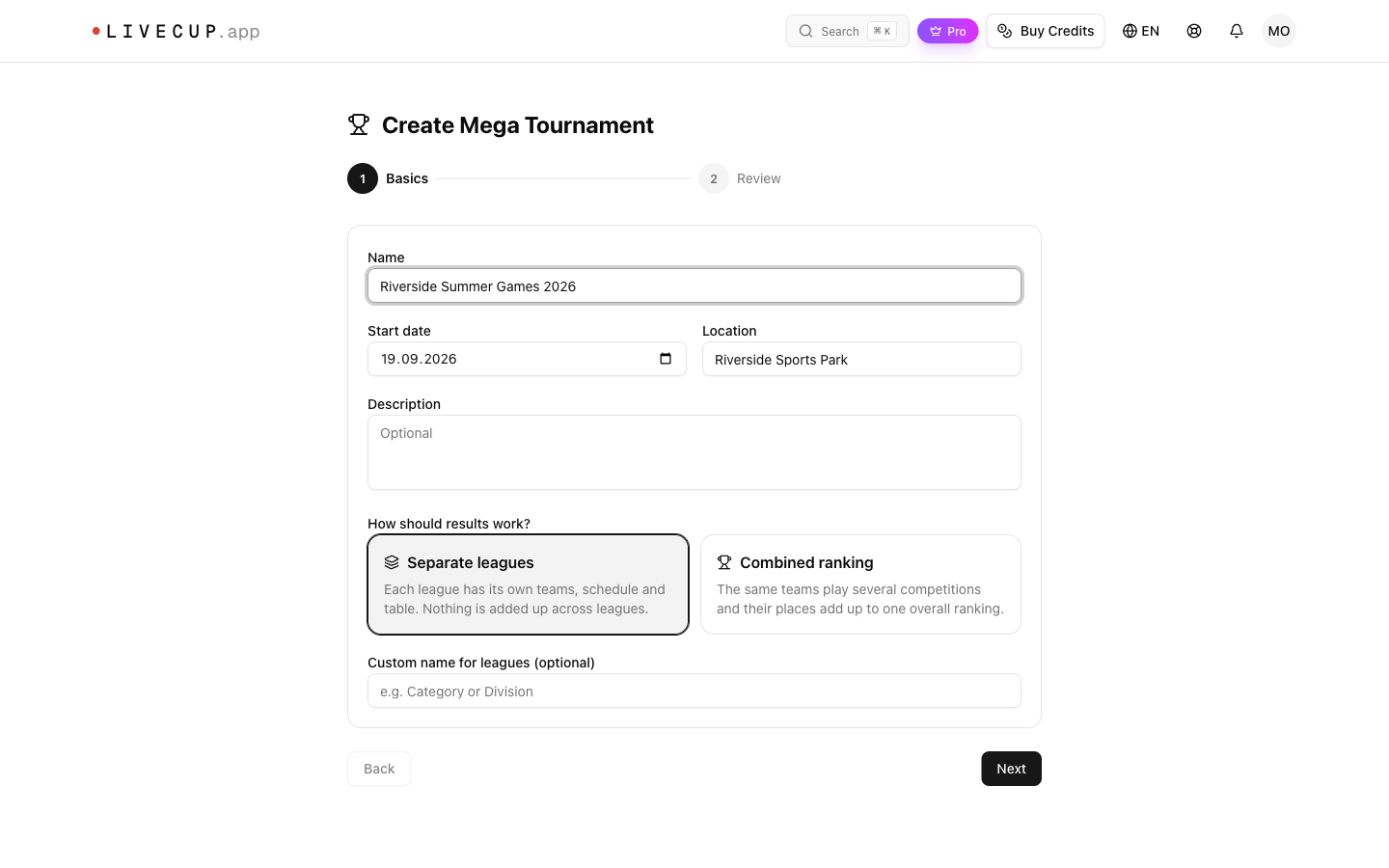 The mega tournament wizard with Separate leagues selected and an optional custom name for leagues below it