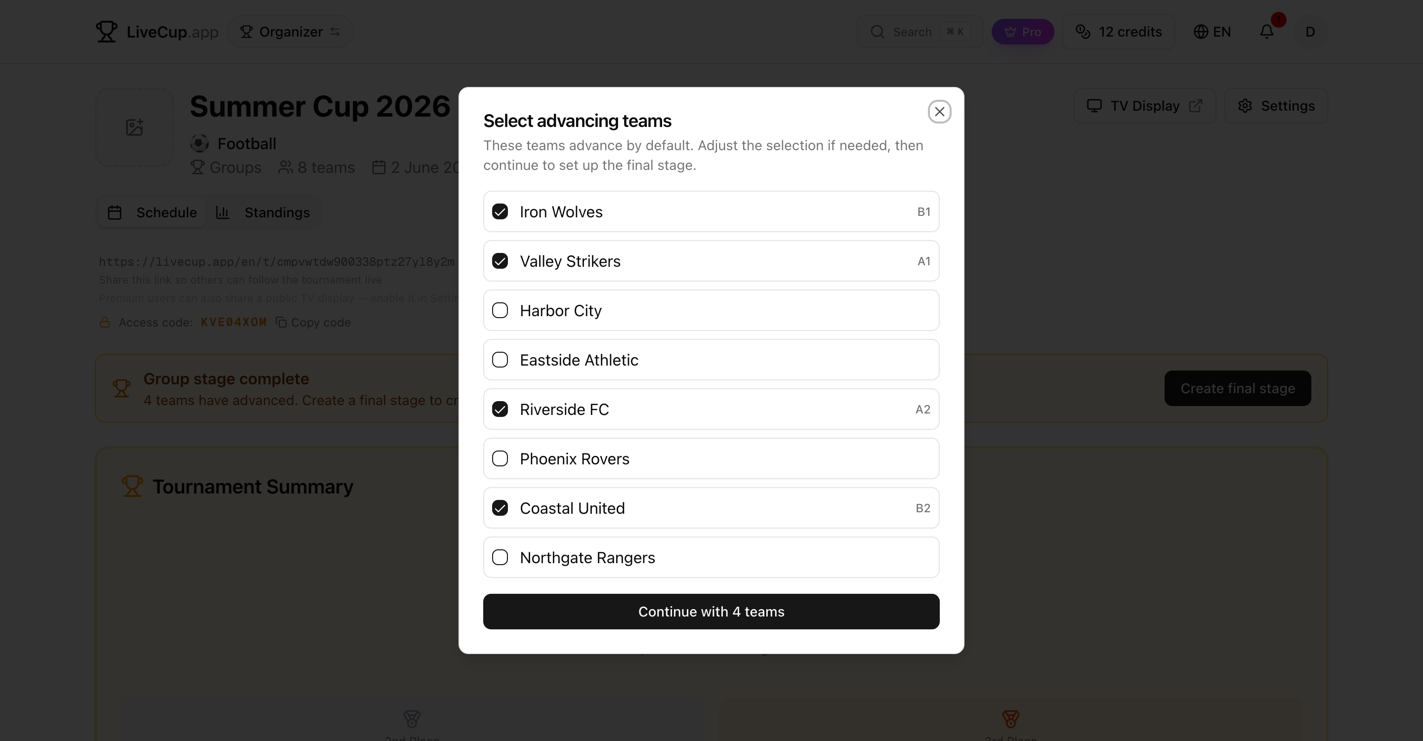 Select advancing teams dialog with seed labels next to the qualifiers
