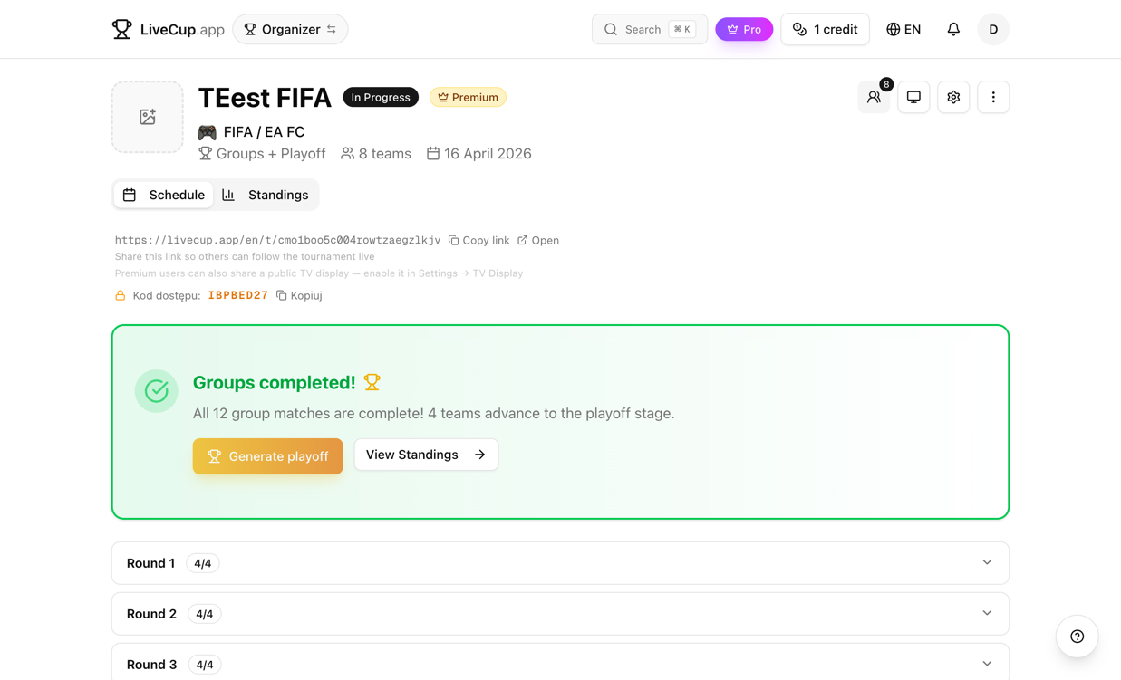 Groups completed banner with Generate Playoff button