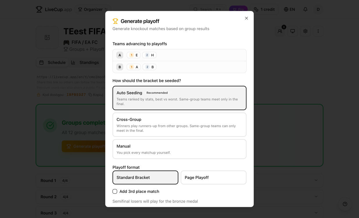 Generate Playoff dialog with Auto Seeding mode selected