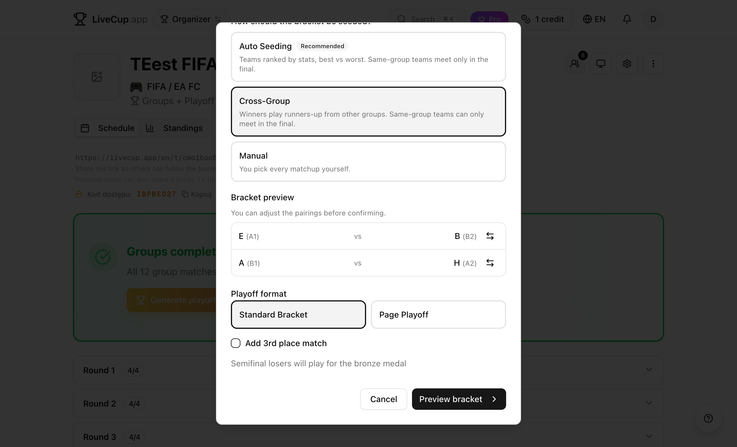 Cross-Group mode with editable pairings and swap buttons