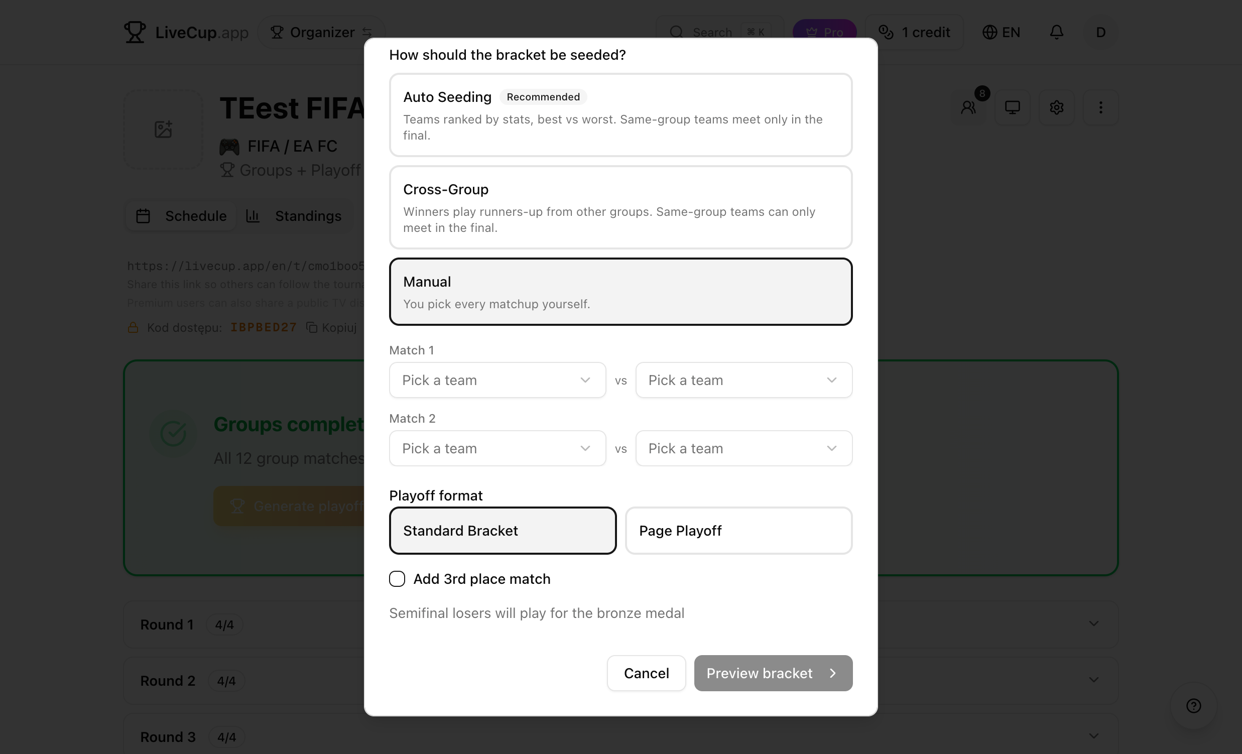 Manual mode with dropdown selectors for each match slot
