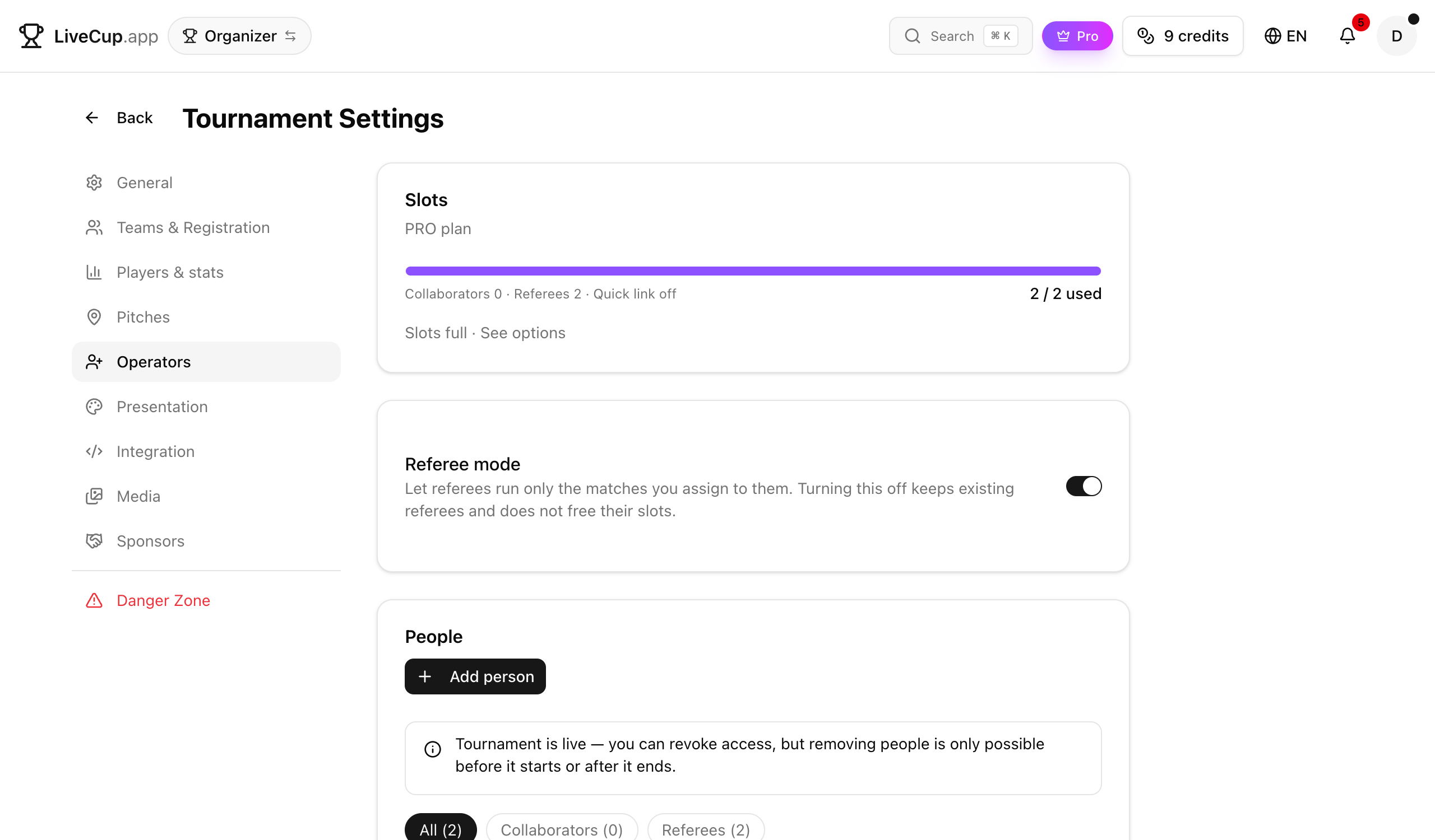 Rebuilt operators settings panel showing the shared slot pool for collaborators, referees and the quick link