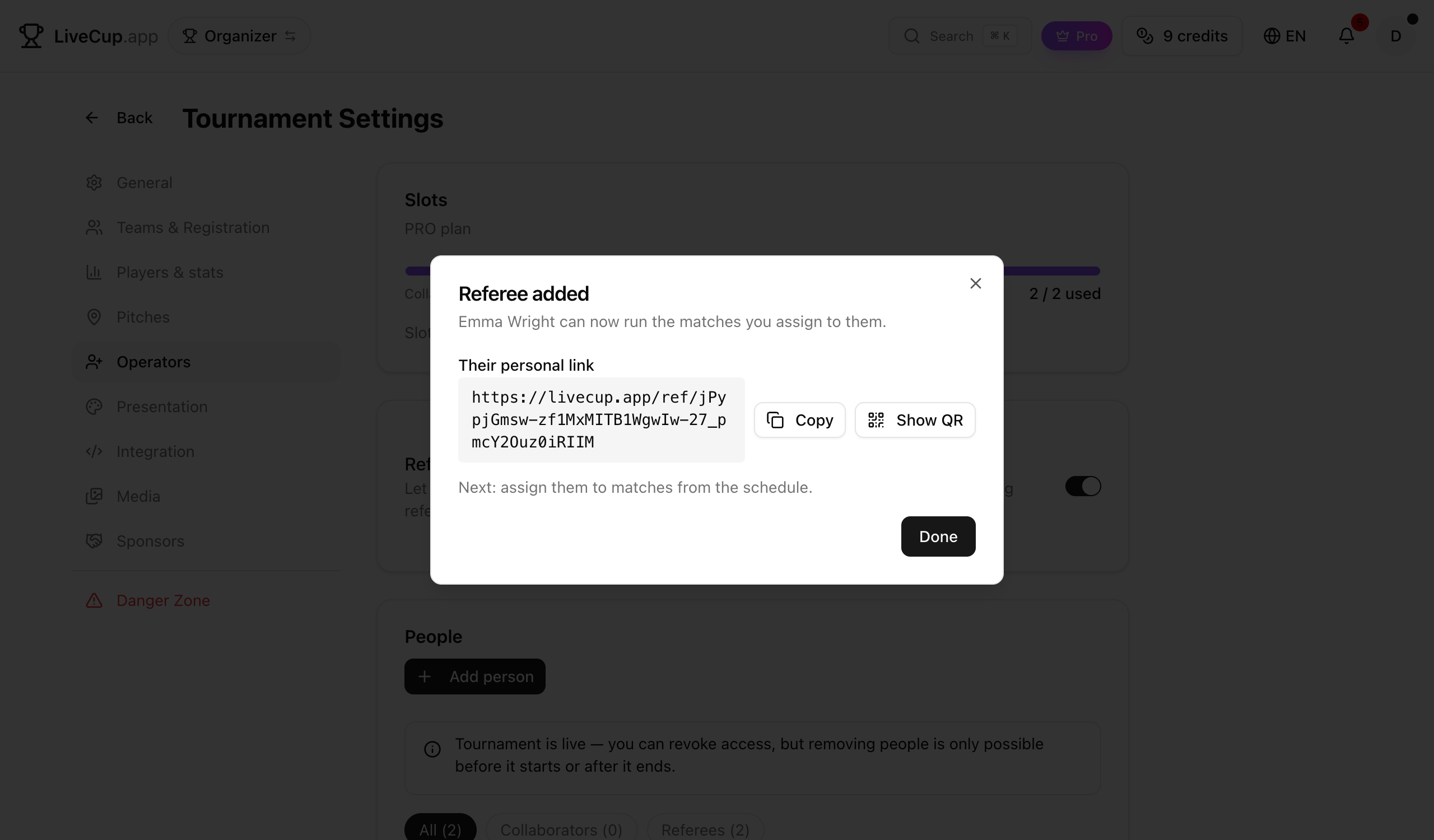 Add person dialog with a referee's name and optional email, followed by their personal link and QR code