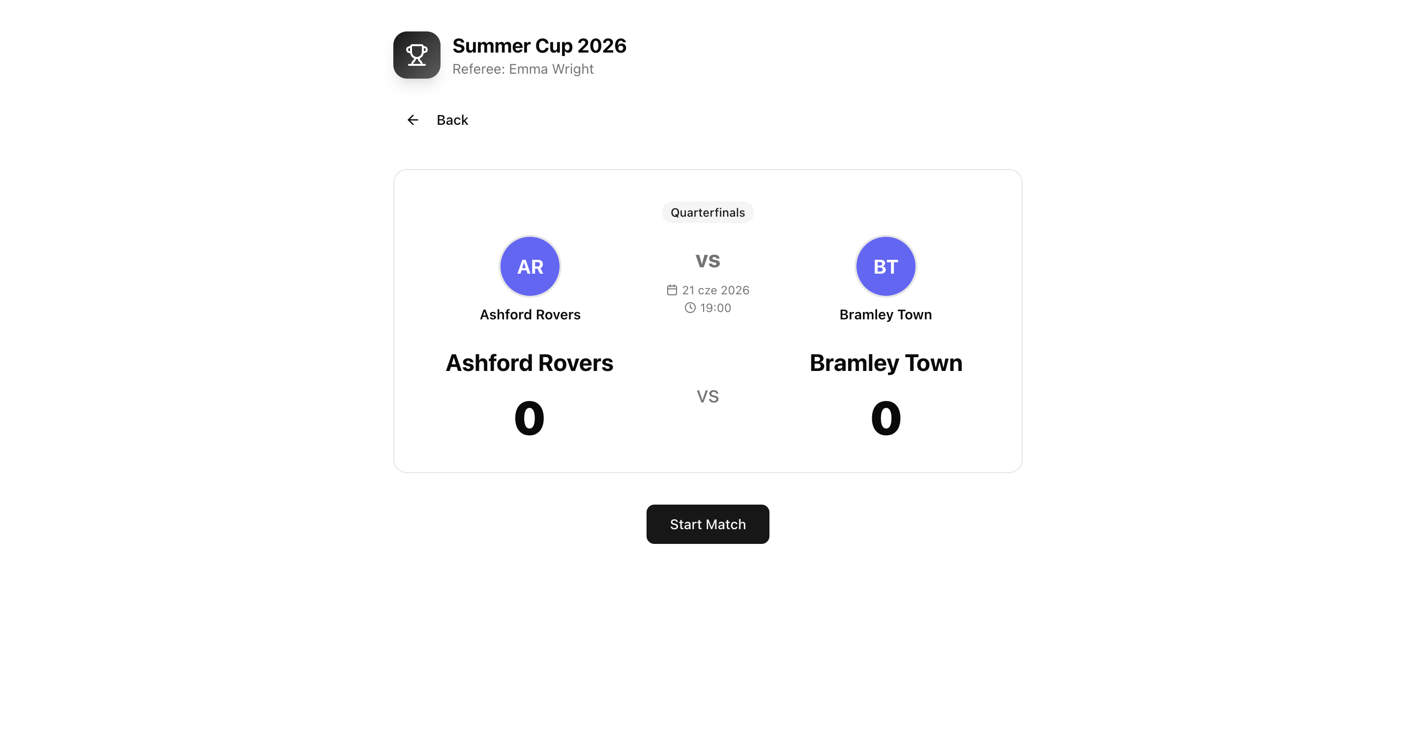 Referee's personal match view on a phone with start match, score, cards, goal scorers and penalty shootout controls