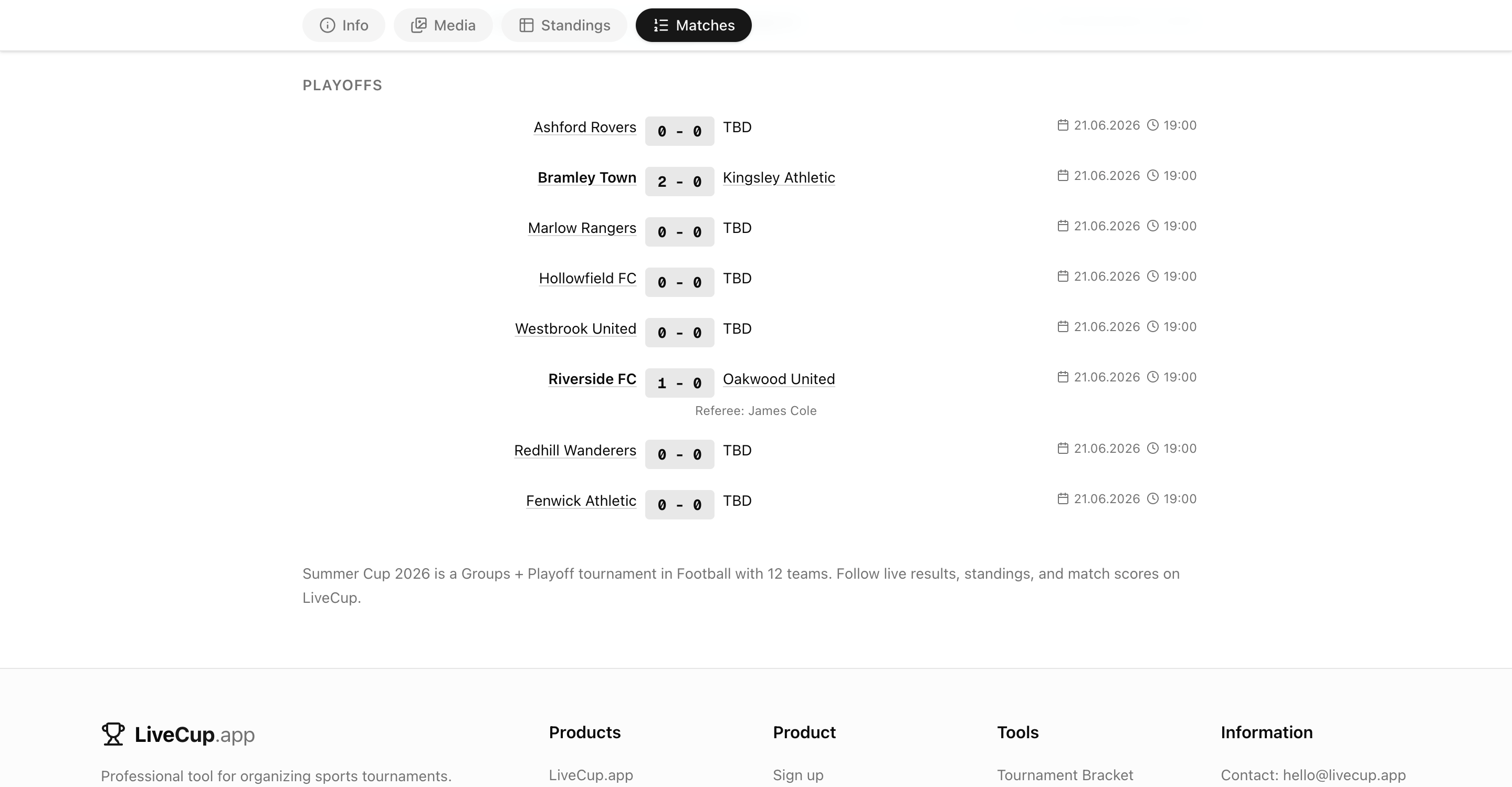 Public tournament page showing Referee: with the assigned referee's name next to a live match
