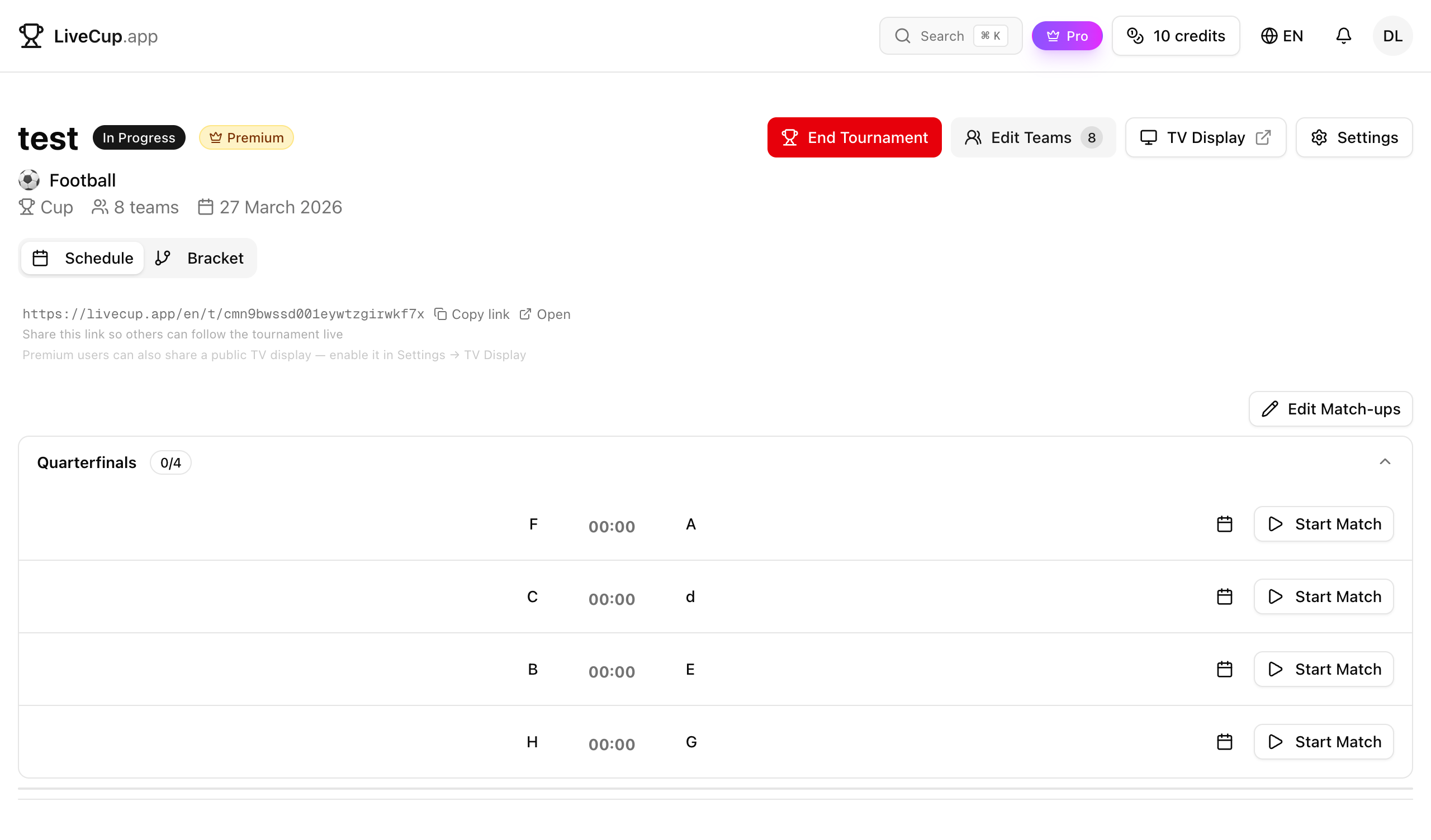 Tournament dashboard with team management