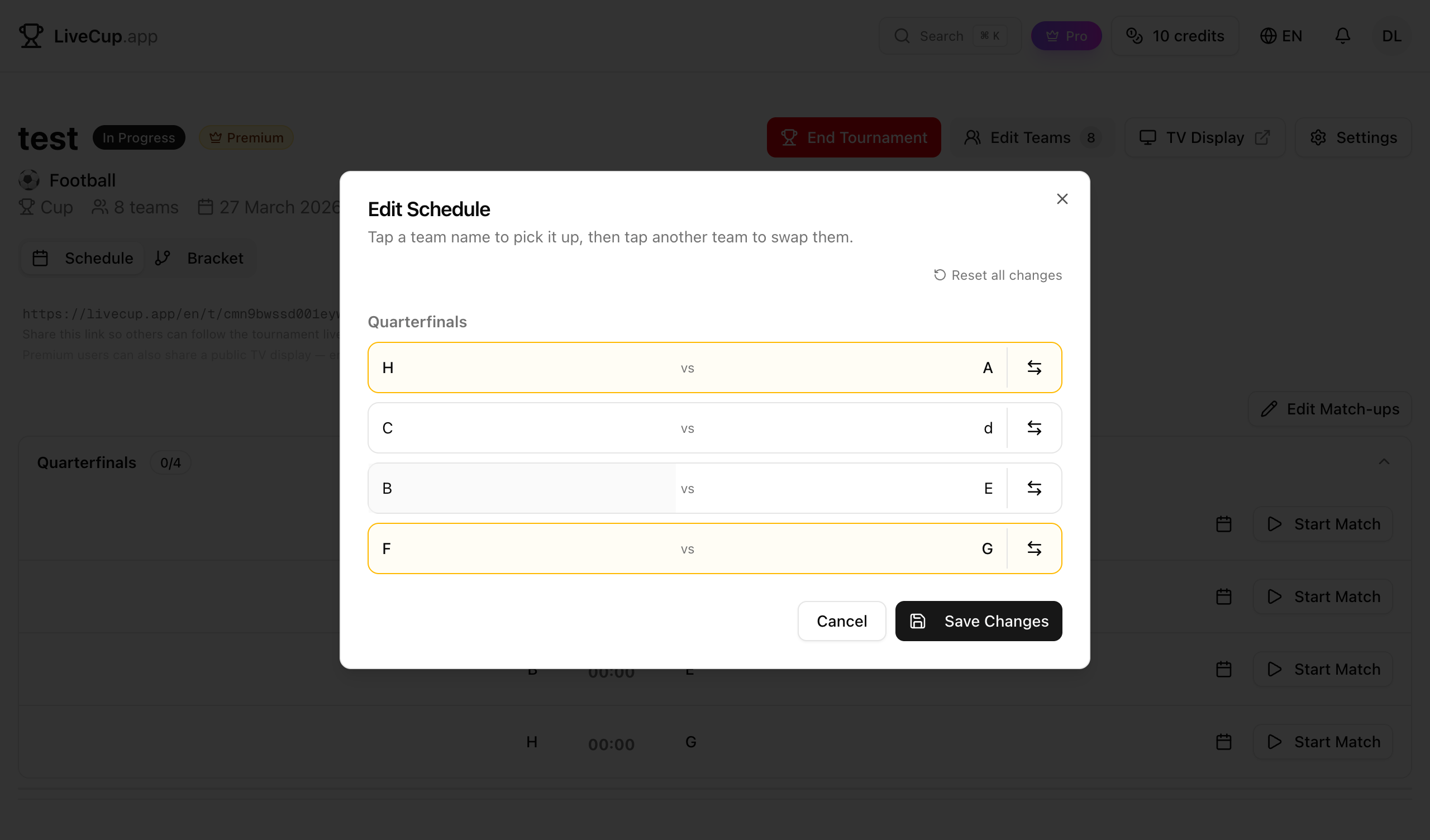 Schedule editor after swapping teams