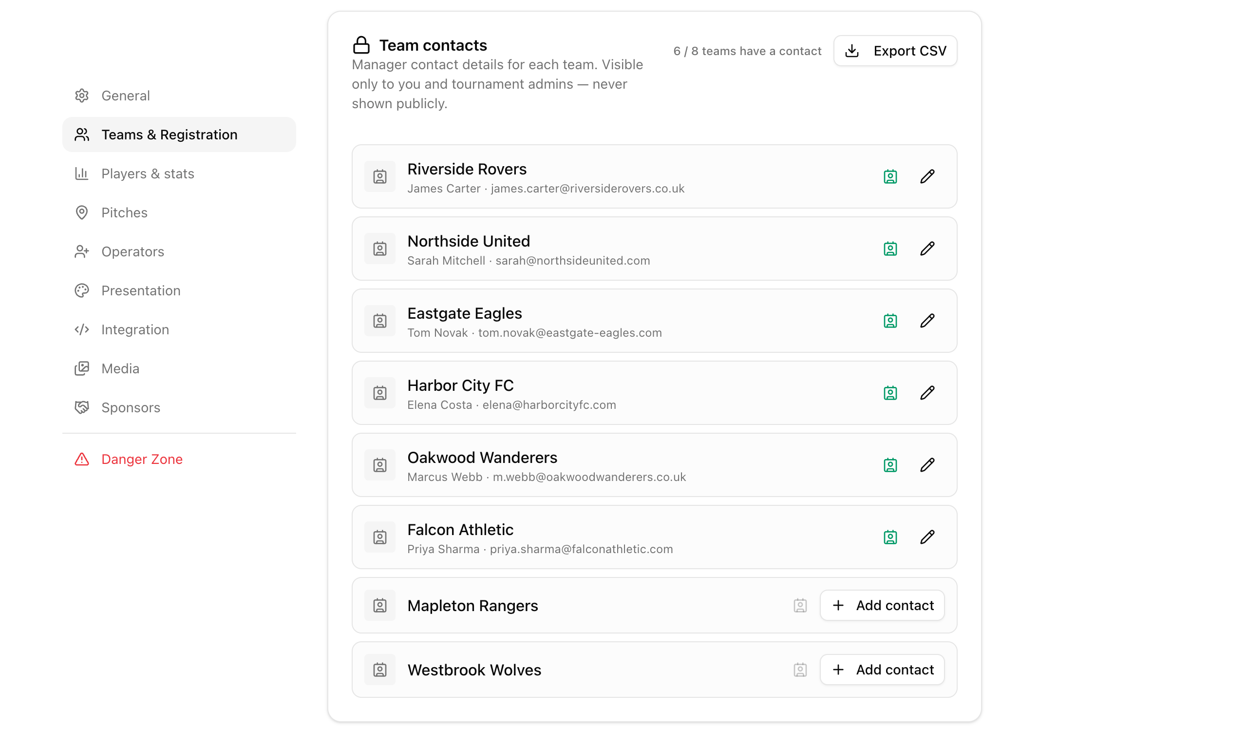 The Team contacts section in tournament settings, showing which teams already have a manager contact and a CSV export button
