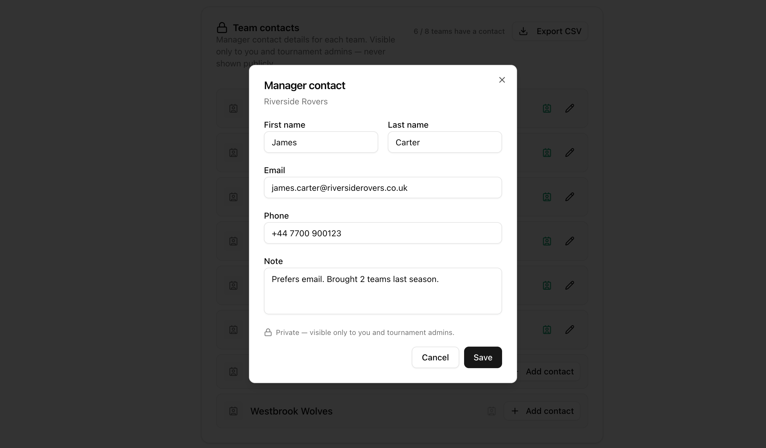 The manager contact dialog with first name, last name, email, phone and a private note