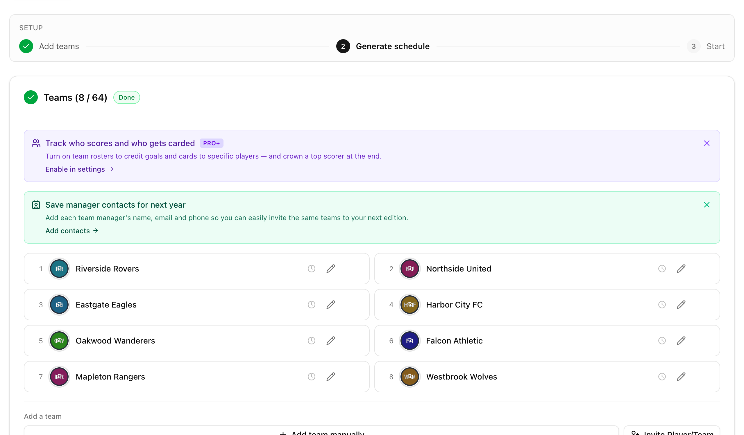 The operator panel hint reminding organizers to save manager contacts for next year's edition