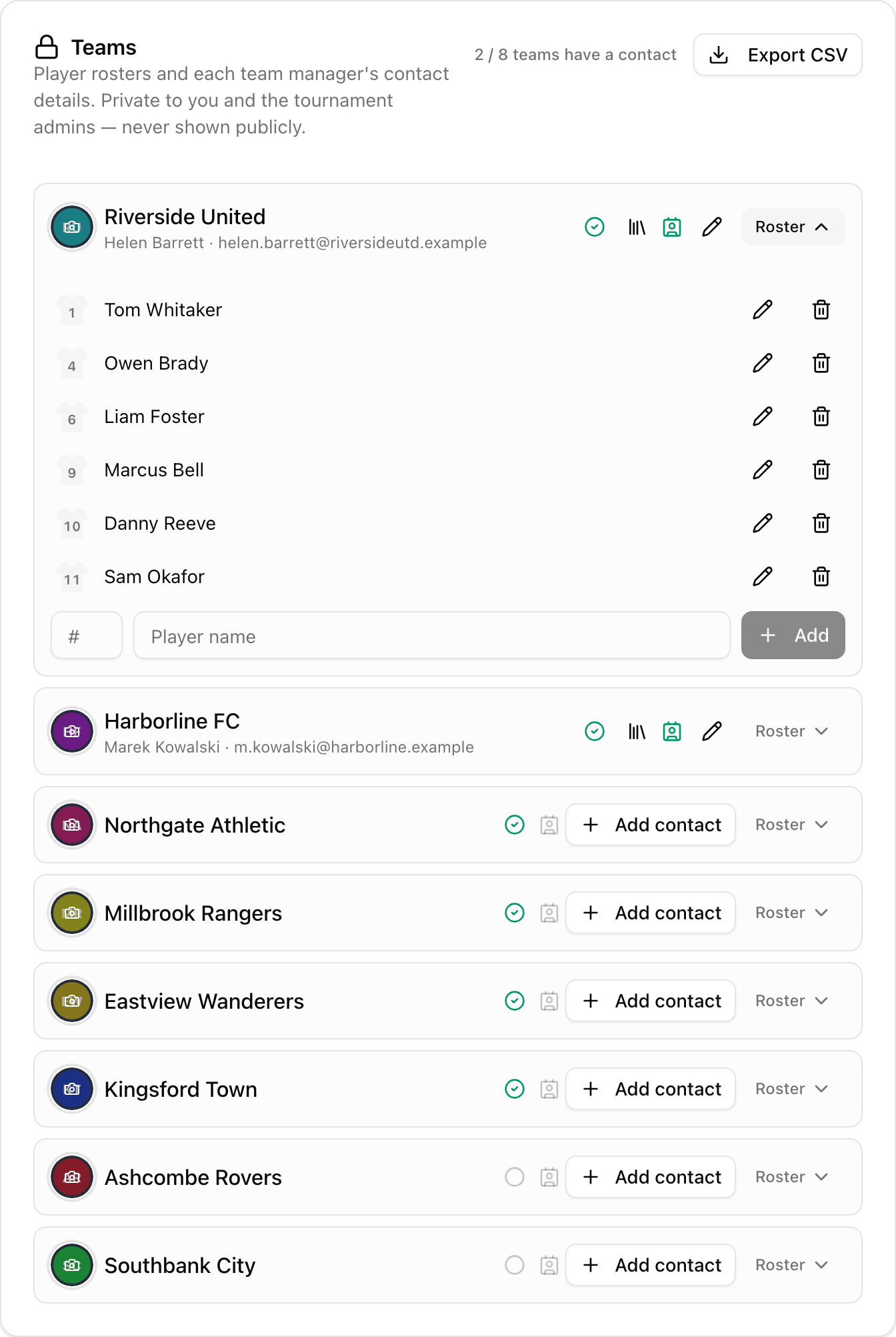 Teams settings card listing eight tournament teams, with one team expanded to show its player list and the field for adding another player