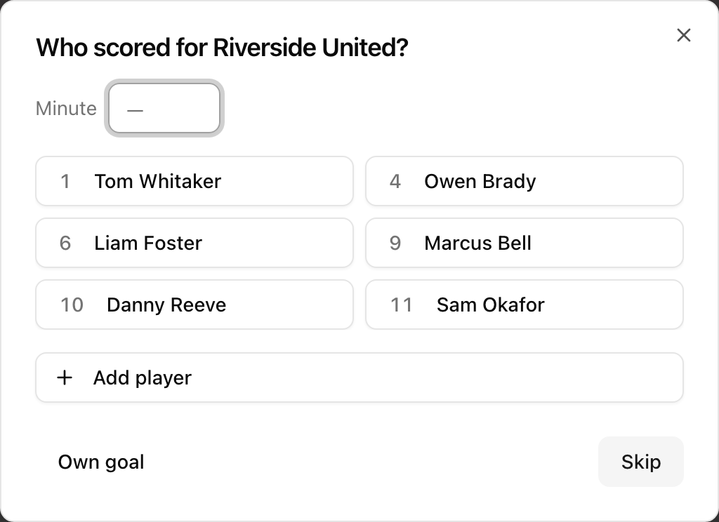 Goal scorer dialog listing the team's players by shirt number, with an Add player button below them