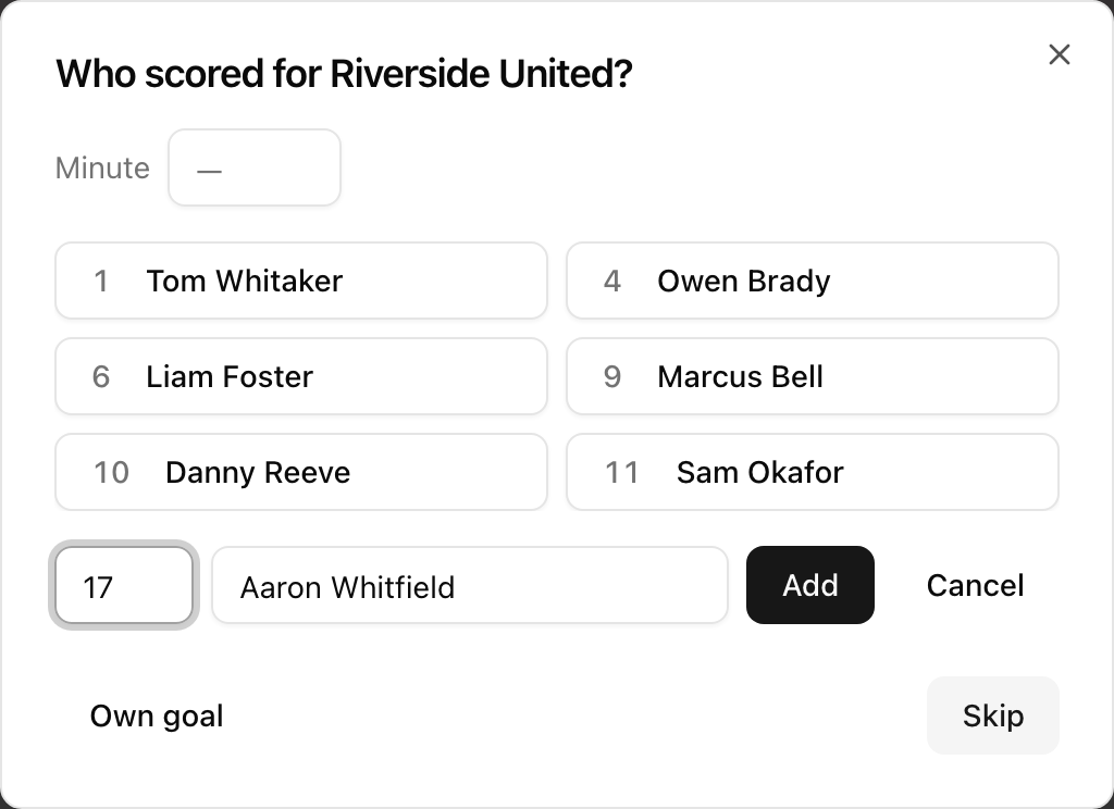 The goal scorer dialog with the inline add-player form open, a shirt number and name filled in next to the Add button
