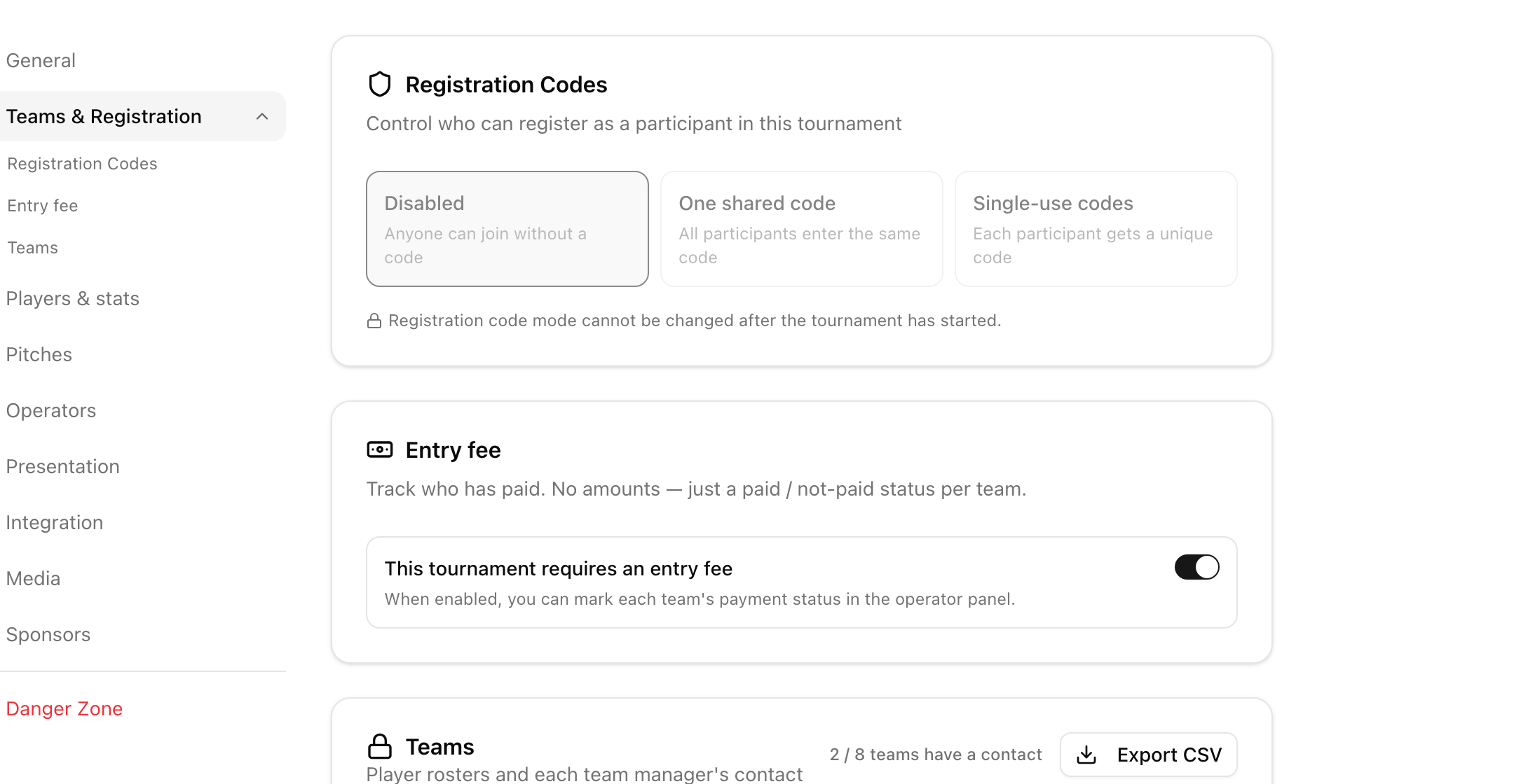 Tournament settings menu with Teams and Registration expanded into Registration Codes, Entry fee and Teams