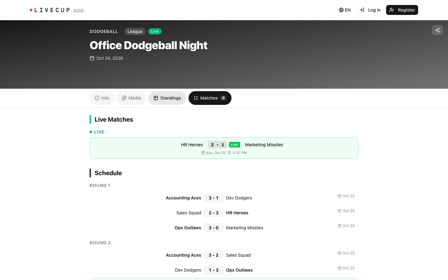 Dodgeball in LiveCup: a live match and the schedule, with games won scored per match