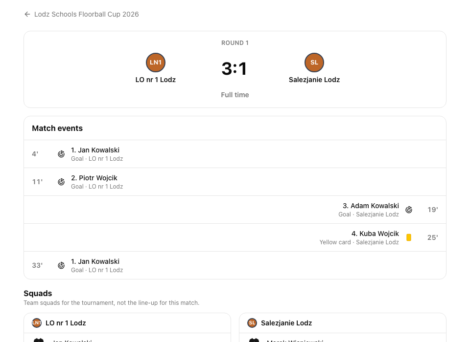 Floorball match page in LiveCup with the score, match status and yellow and red cards