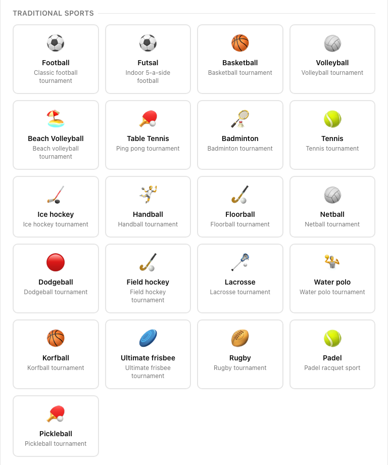 Tournament wizard in LiveCup with the new team sports floorball, netball, field hockey, lacrosse, water polo, korfball, ultimate frisbee and dodgeball in the sport list