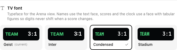 Four TV typeface options, each previewing its own letters and score digits on the black scoreboard background